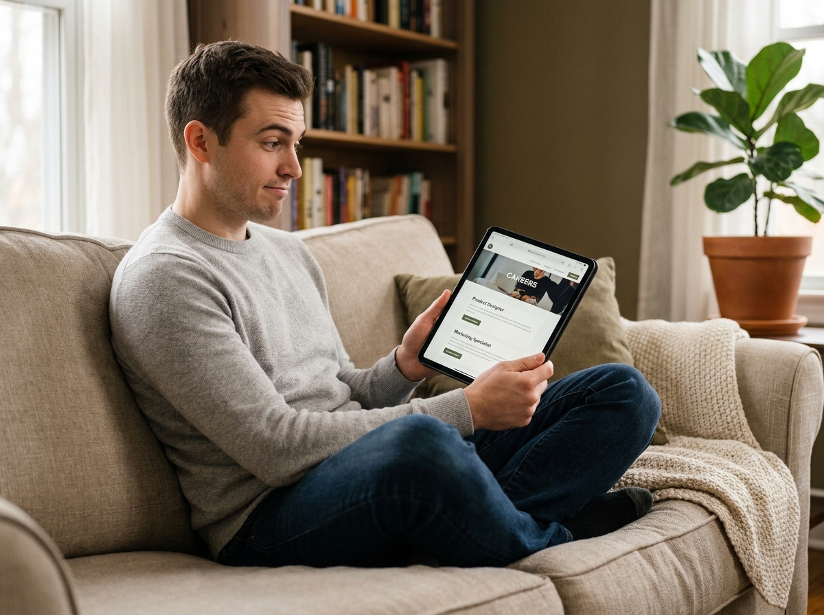 Jeune candidat découvrant un site carrière attractif sur une tablette depuis son domicile lors d'une recherche d'emploi