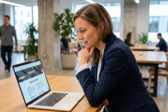 Femme professionnelle consultant un site carrière attrayant sur son ordinateur portable dans un espace de co-working moderne