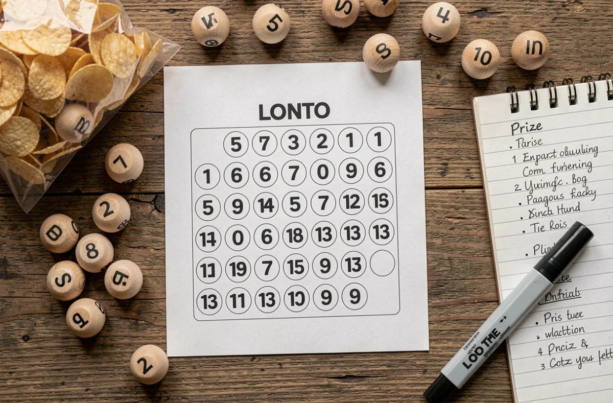 Carton de loto et accessoires de jeu posés sur une table en bois lors de la préparation d'une soirée loto associative
