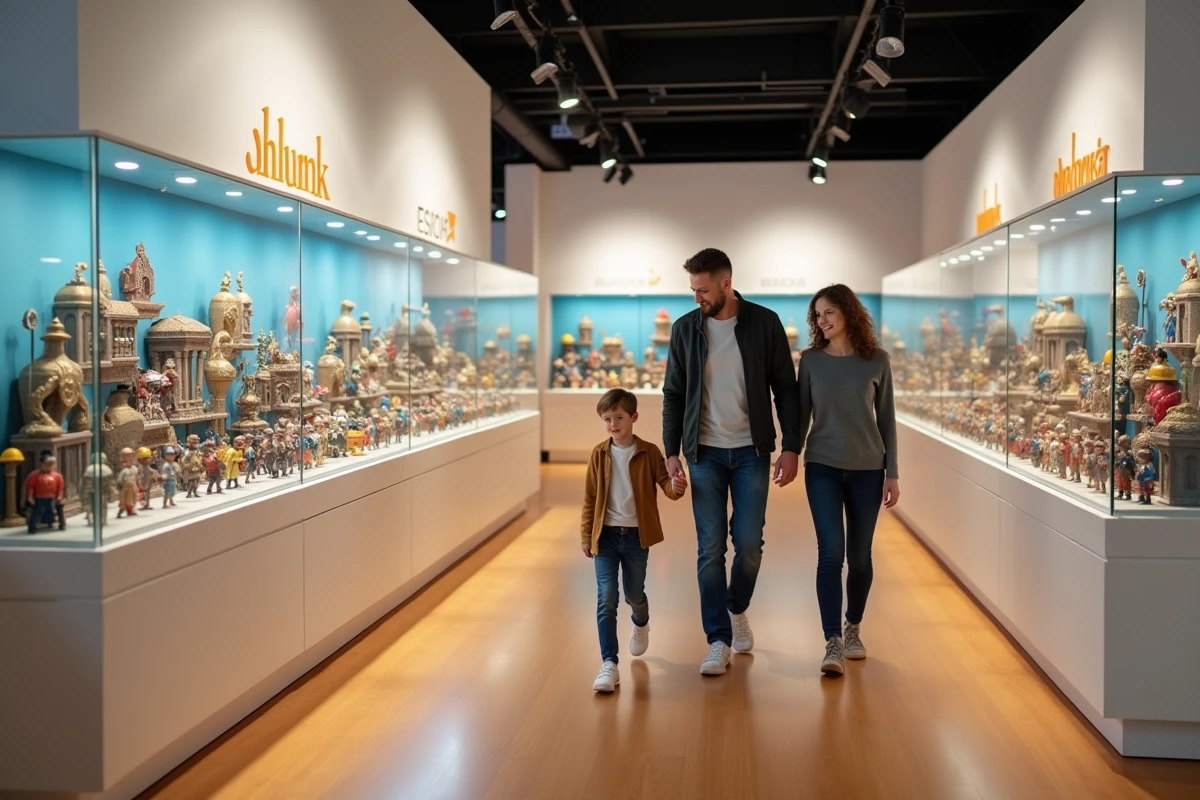 Salle d'exposition du centre de visite d'une usine Playmobil avec des figurines colorées dans des vitrines