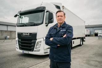 Chauffeur poids lourd professionnel debout devant un camion semi-remorque blanc dans un dépôt logistique suisse