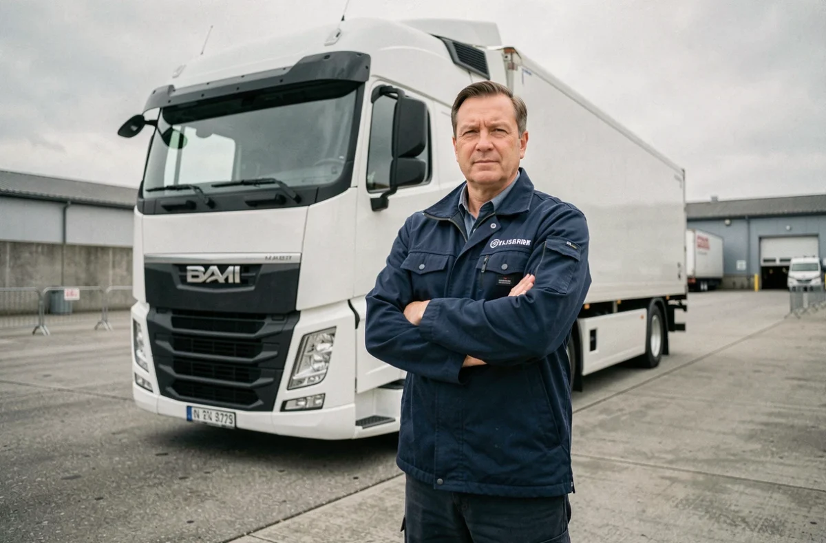 Chauffeur poids lourd professionnel debout devant un camion semi-remorque blanc dans un dépôt logistique suisse