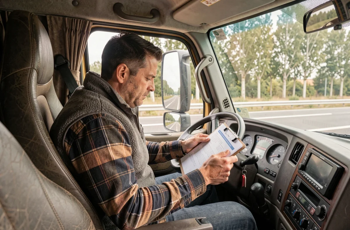 Chauffeur routier assis dans la cabine de son camion consultant ses documents de transport sur une autoroute française
