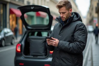 Chauffeur Uber Eats en voiture vérifiant son smartphone à côté de son véhicule avec un sac de livraison thermique dans une rue parisienne