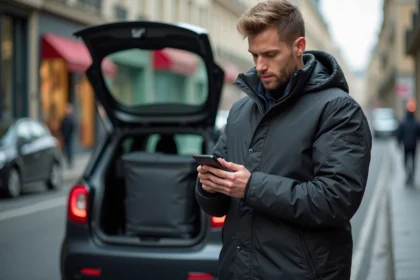 Chauffeur Uber Eats en voiture vérifiant son smartphone à côté de son véhicule avec un sac de livraison thermique dans une rue parisienne