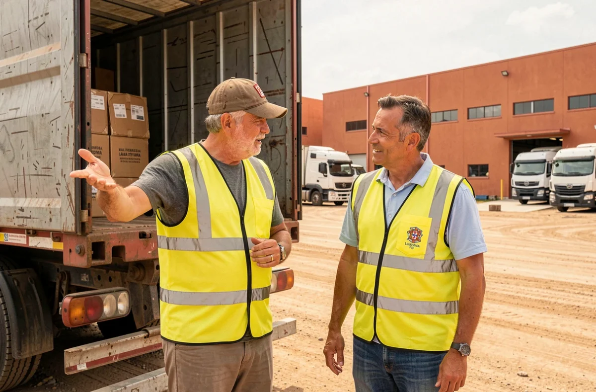 Deux chauffeurs poids lourd en discussion près d'un camion de transport dans un hub logistique au Portugal