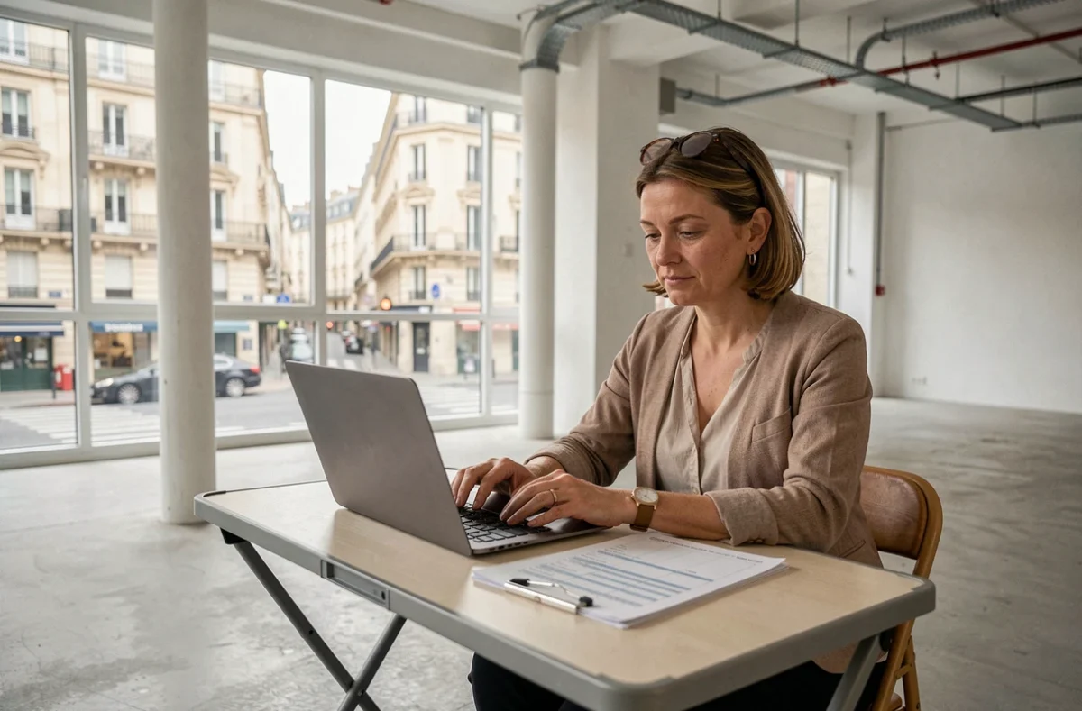 Femme réalisant une checklist de vérification dans un espace de bureaux non meublé à Clichy