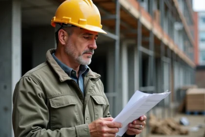 Chef de chantier BTP consultant un dossier sur un chantier de construction actif