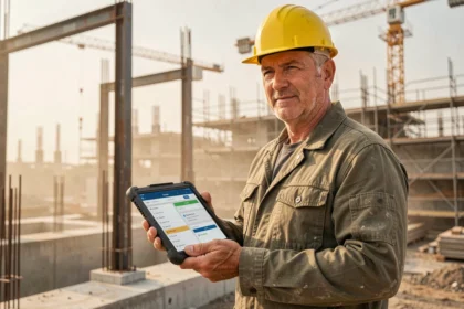 Chef de chantier consultant une application de location de matériel sur tablette numérique, casque de sécurité jaune, fond de chantier en construction