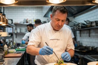 Chef en uniforme blanc assemble des plats en cuisine professionnelle