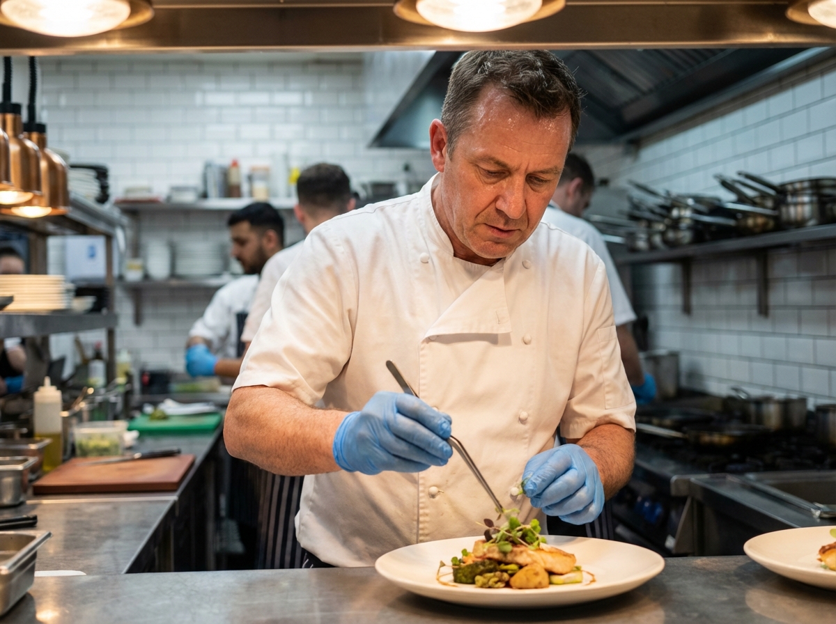 Chef en uniforme blanc assemble des plats en cuisine professionnelle