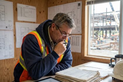 Chef de projet construction en intérieur avec plans et site