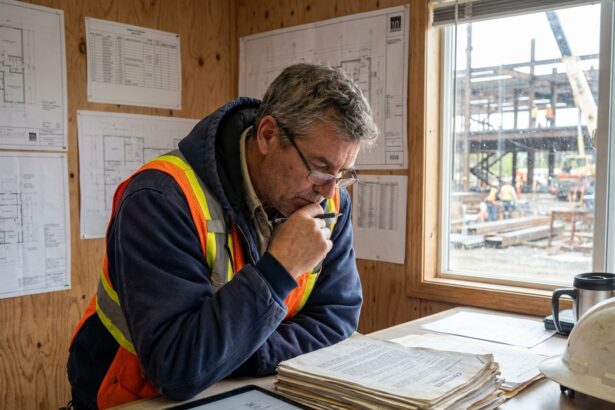 Chef de projet construction en intérieur avec plans et site