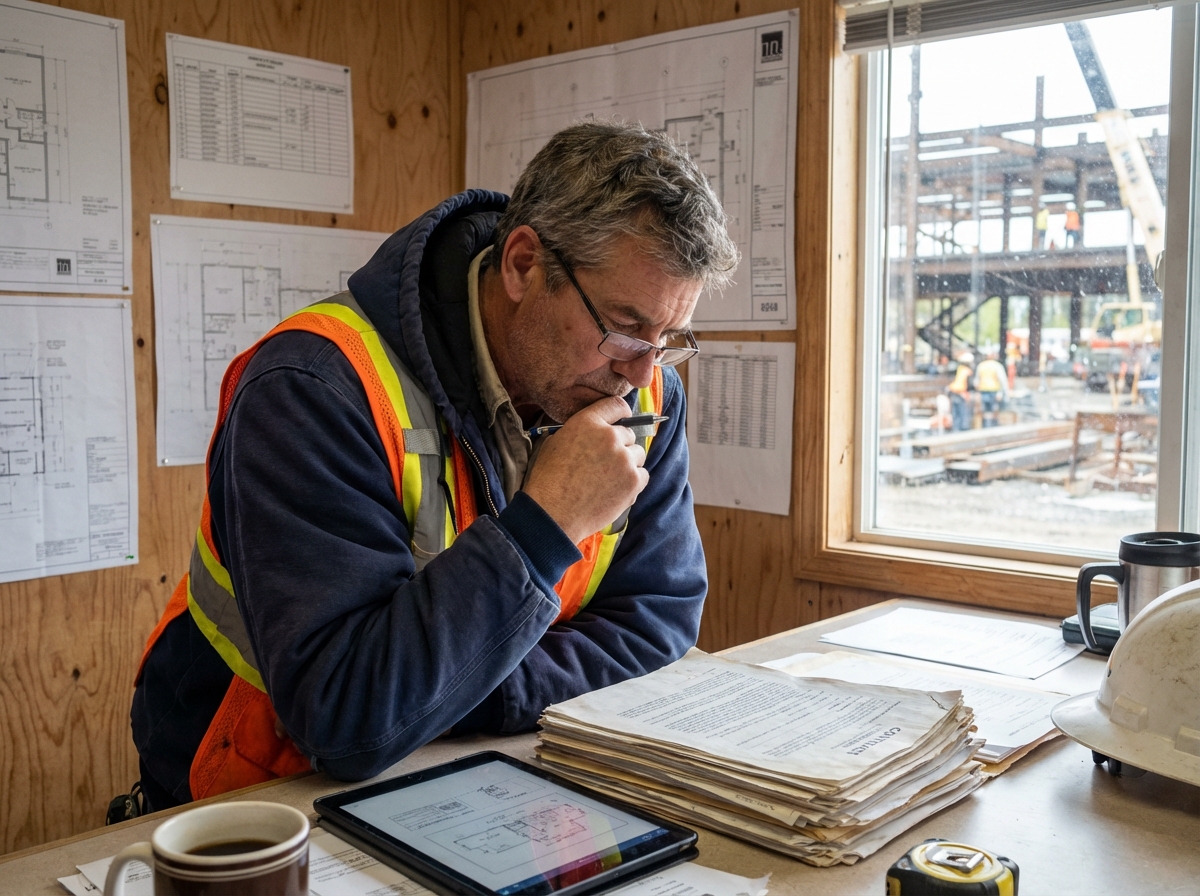 Chef de projet construction en intérieur avec plans et site