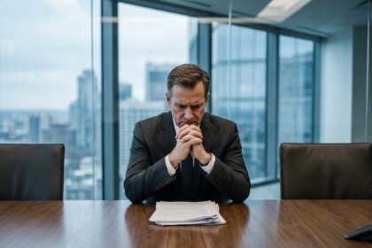 Chef d'entreprise seul dans une salle de réunion face à des documents non signés lors d'une cession échouée