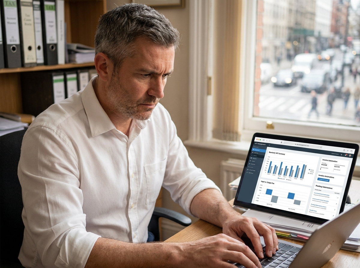 Chef d'entreprise consultant un tableau de bord TVA sur son ordinateur portable dans un bureau comptable