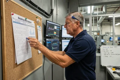 Chef d'équipe en poste 5x8 révisant le planning de rotation des équipes dans une salle de contrôle industrielle