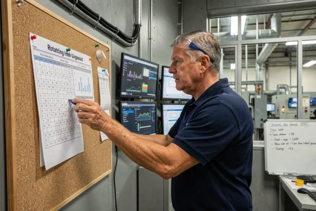 Chef d'équipe en poste 5x8 révisant le planning de rotation des équipes dans une salle de contrôle industrielle