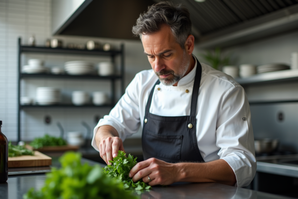 Chef professionnel en cuisine moderne avec herbes fraîches