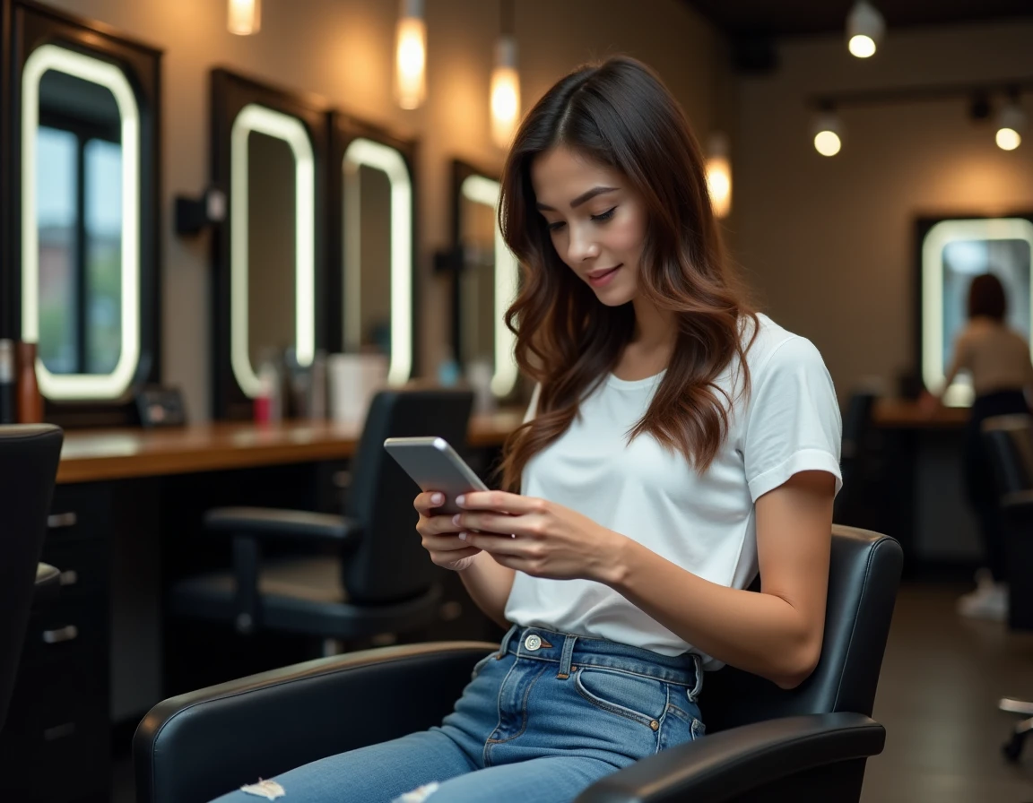 Cliente consultant son smartphone pour prendre rendez-vous en ligne dans un salon de coiffure moderne