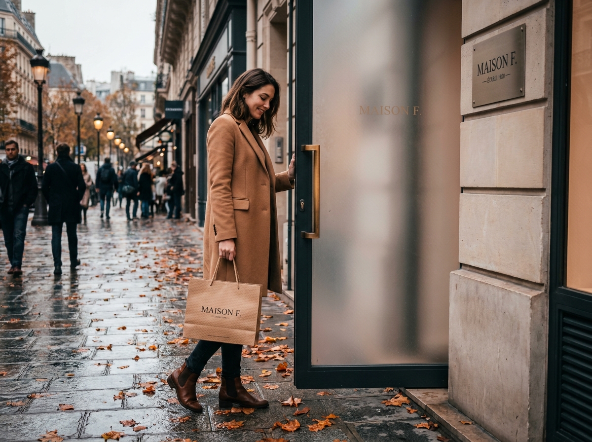 Cliente satisfaite sortant d'une boutique haut de gamme avec un sac personnalisé brandé, symbolisant l'impact de l'emballage sur l'expérience et la fidélisation client