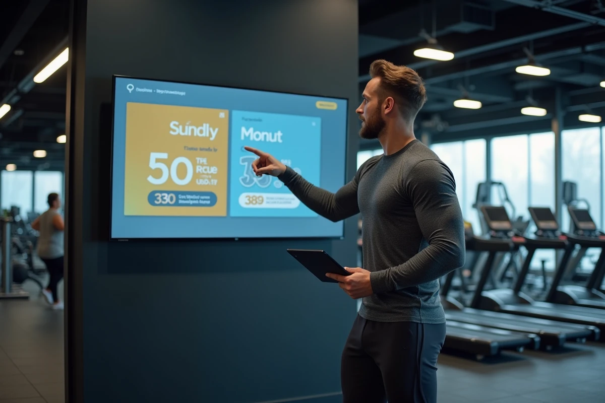 Coach sportif en salle de sport présentant une affiche tarifaire numérique avec les formules d'abonnement et offres promotionnelles