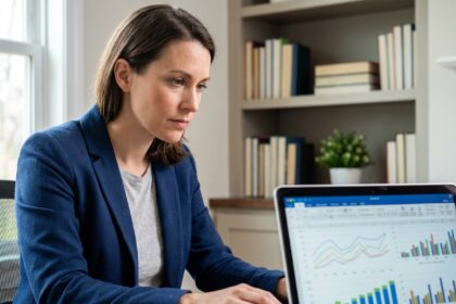 Femme consultante SEO analysant des données de trafic web sur un ordinateur portable dans un bureau à domicile moderne