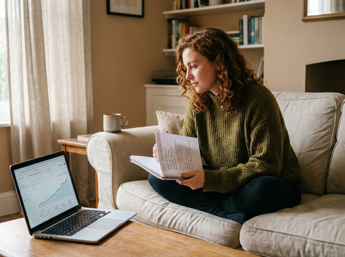 Jeune femme prenant des notes lors d'un coaching SEO à domicile avec une courbe de croissance du trafic visible sur l'écran
