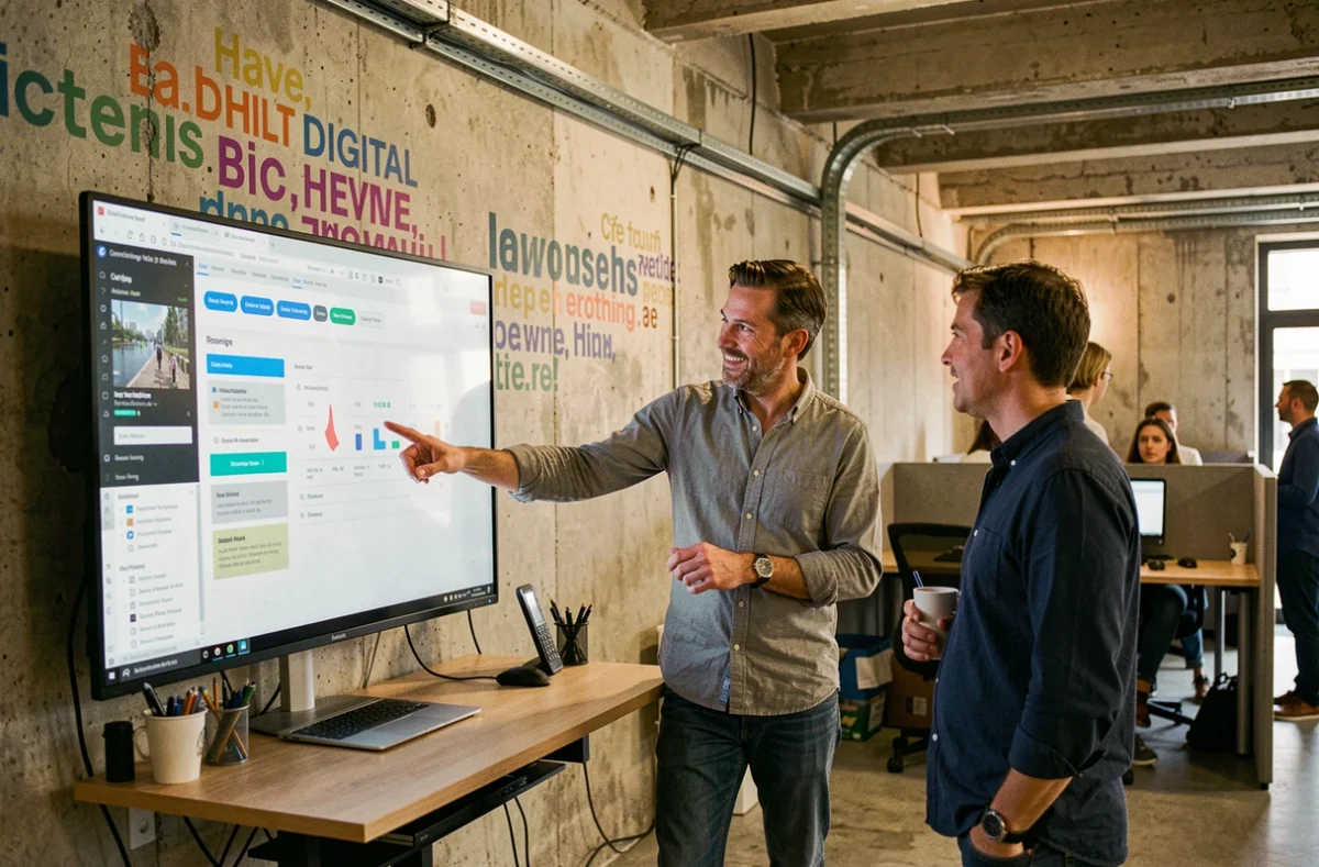 Espace numérique Cocktail Numérique au Havre avec des professionnels en discussion devant un écran interactif