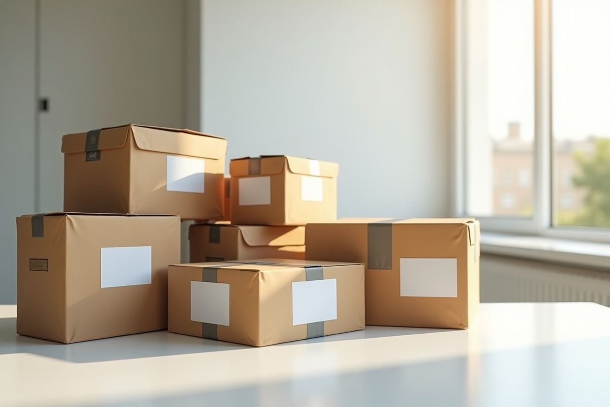 Colis bien rangés avec étiquettes sur une table moderne lumineuse