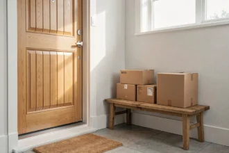 Colis rangés sur une étagère dans l'entrée d'un logement