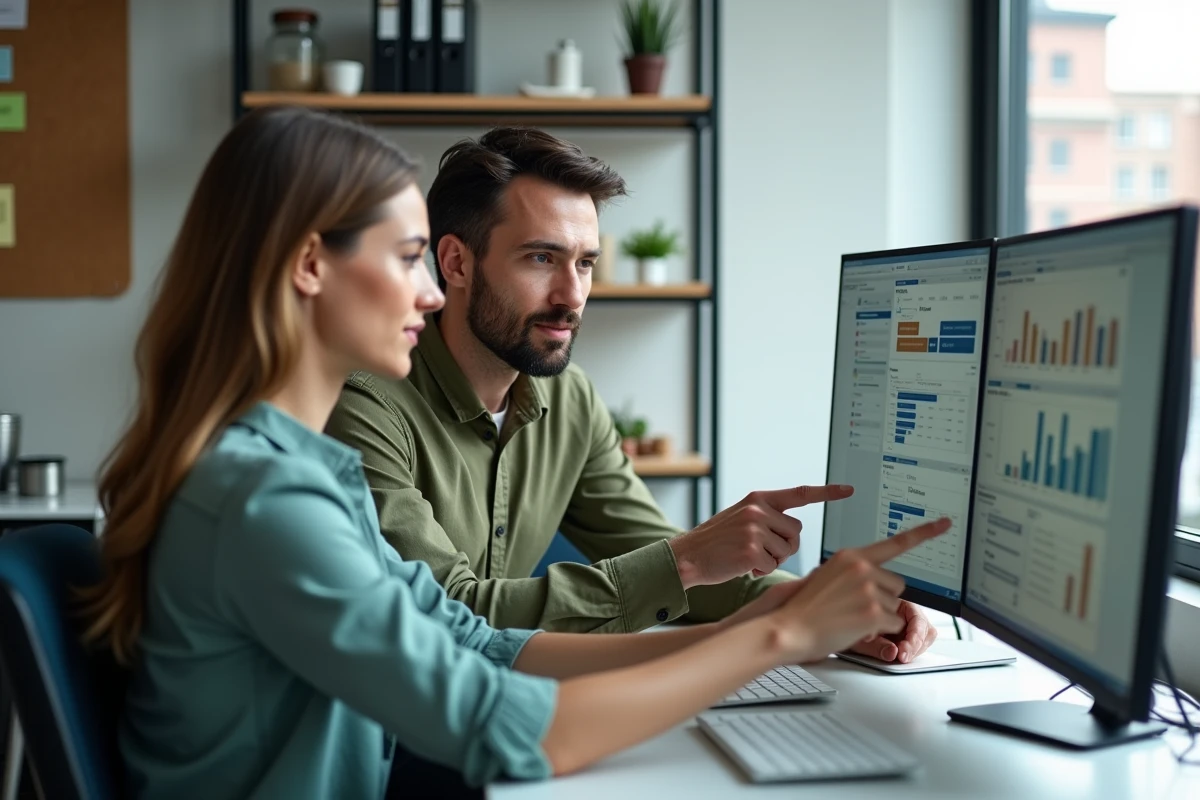 Deux collaborateurs d'une PME analysant ensemble une plateforme RH sur des écrans d'ordinateur au bureau