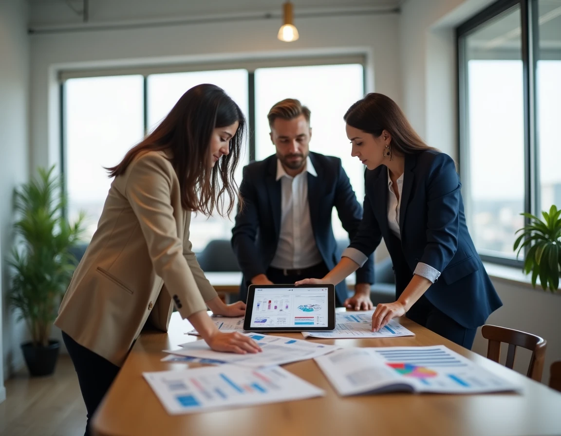 Équipe de professionnels collaborant sur des indicateurs économiques territoriaux et des synthèses de données dans un espace de coworking
