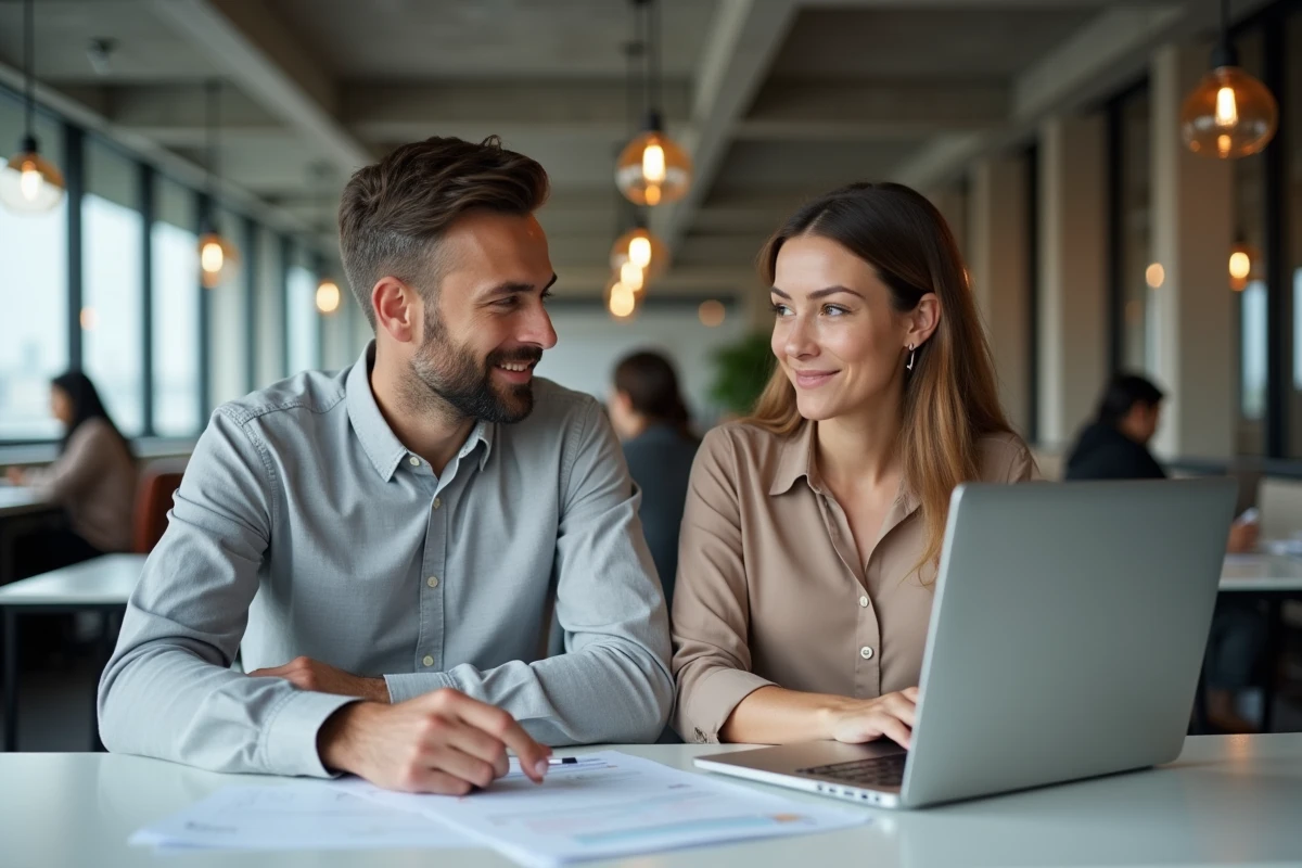 Deux professionnels évaluant ensemble les avantages d'inscrire leur entreprise sur un annuaire B2B en 2026