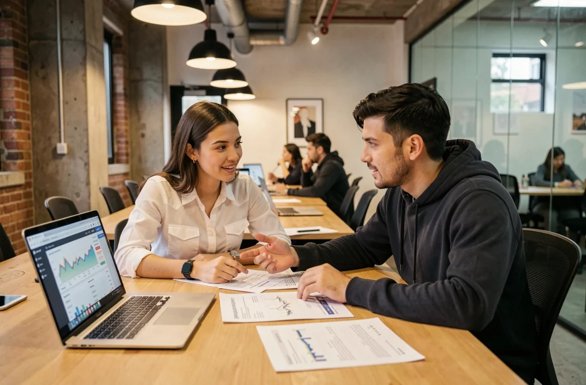 Deux professionnels collaborant sur des outils d'optimisation de visibilité web dans un espace de coworking