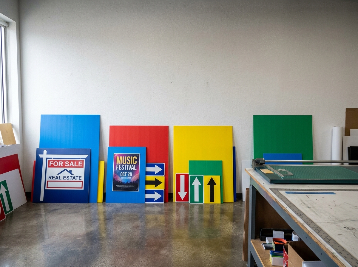 Collection de panneaux Akylux multicolores aux formats variés appuyés contre un mur blanc dans une imprimerie professionnelle