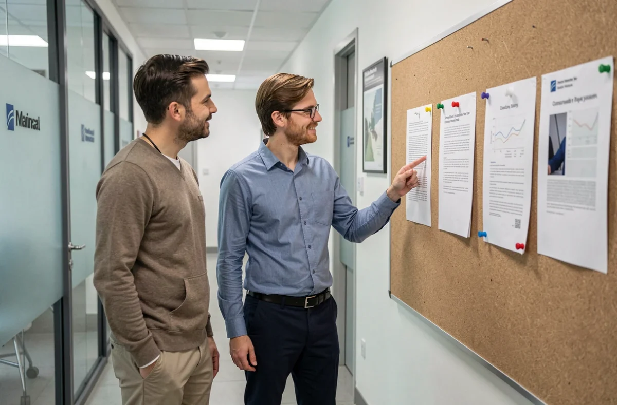 Deux collègues salariés MAAF discutant des avantages Cemaaf devant un tableau d'affichage