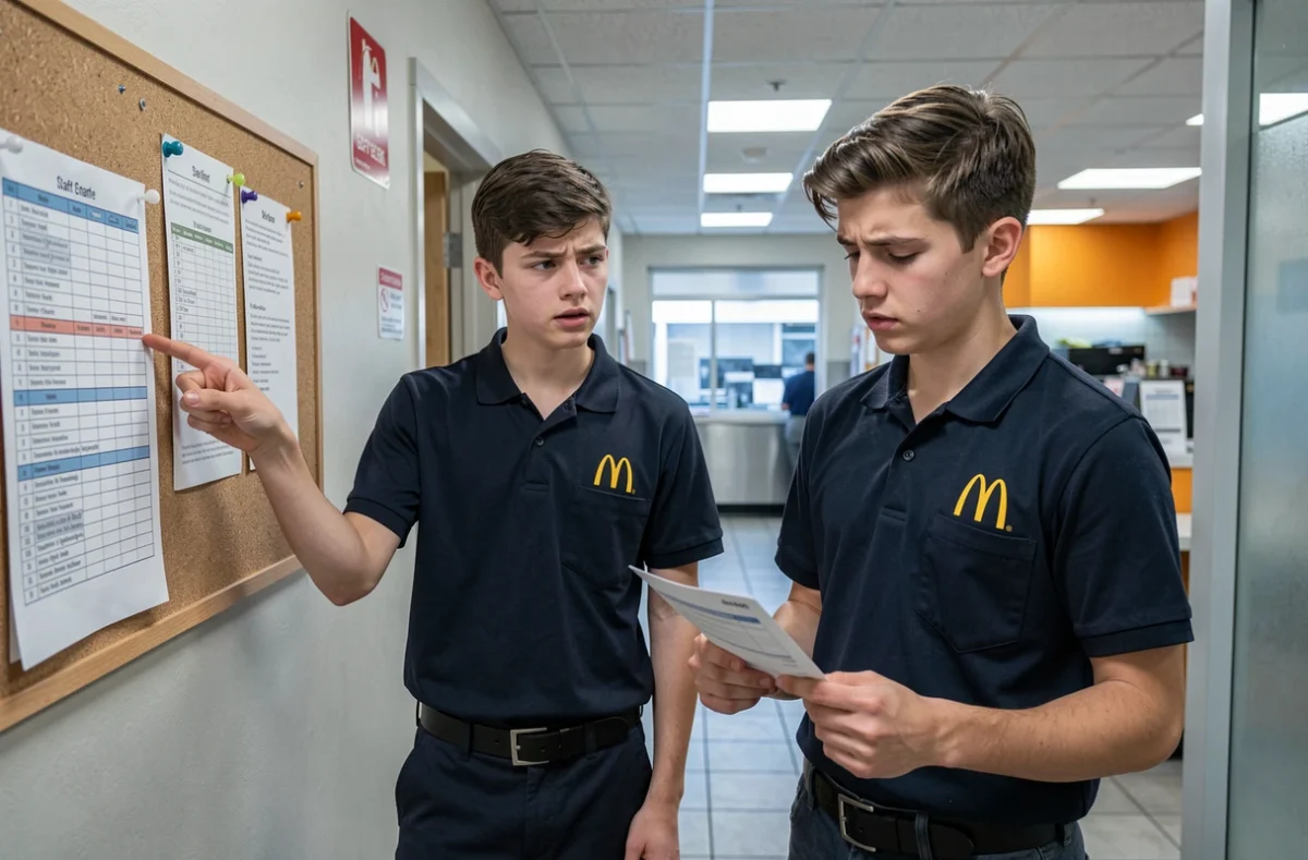 Deux jeunes collègues McDonald's comparant planning et fiche de paie devant un tableau d'affichage en couloir