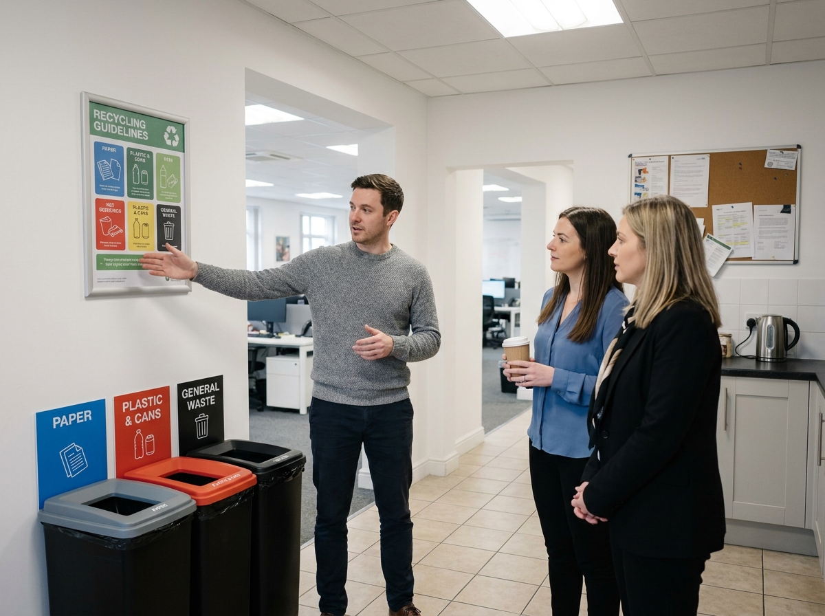Collègues discutant du tri des déchets devant une station de recyclage dans la salle de pause d'un open space