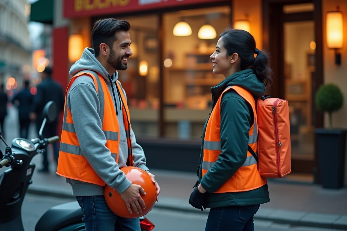 Deux livreurs Uber Eats en pause devant un restaurant, l'un à vélo et l'autre en scooter, comparant leurs équipements de livraison