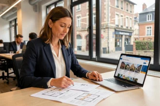 Femme d'affaires comparant des offres de location de bureaux à Dijon avec des contrats imprimés et un ordinateur portable