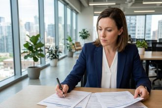 Professionnelle comparant des offres de responsabilité civile professionnelle dans un bureau moderne