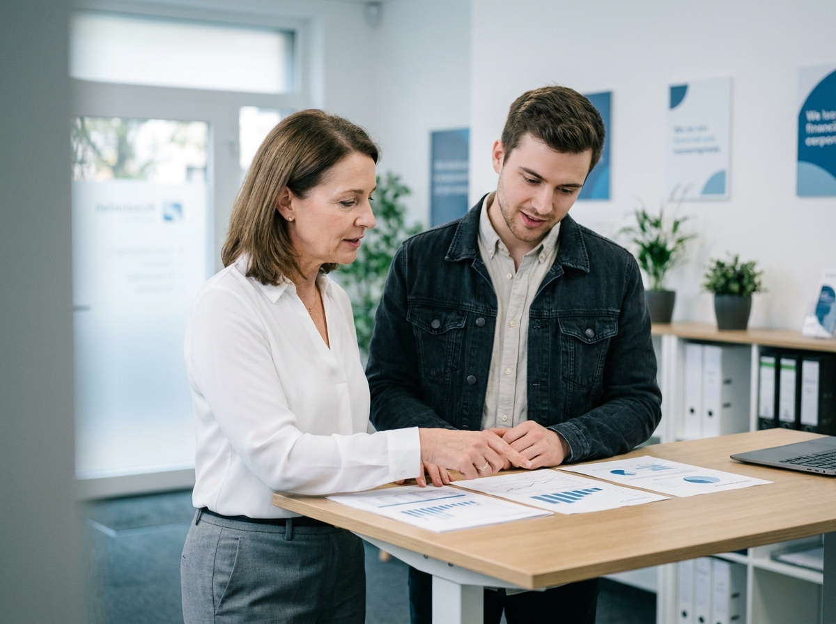 Une comptable expérimentée présente des graphiques financiers à un jeune chef d'entreprise dans les locaux d'un cabinet comptable moderne, incarnant une relation de conseil personnalisée