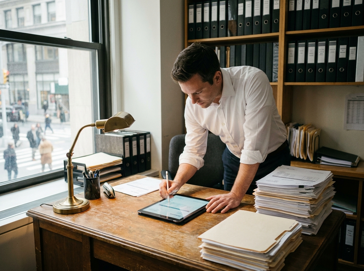 Comptable validant des factures électroniques sur une tablette numérique dans un cabinet comptable, symbolisant la transition vers la facturation dématérialisée