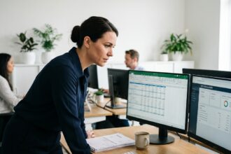 Comptable utilisant un logiciel de gestion de la TVA sur double écran dans un bureau moderne