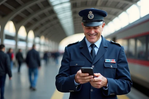 Conducteur sncf en uniforme dans une gare animée