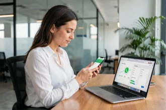 Femme professionnelle configurant un compte WhatsApp Business sur son smartphone dans un bureau moderne