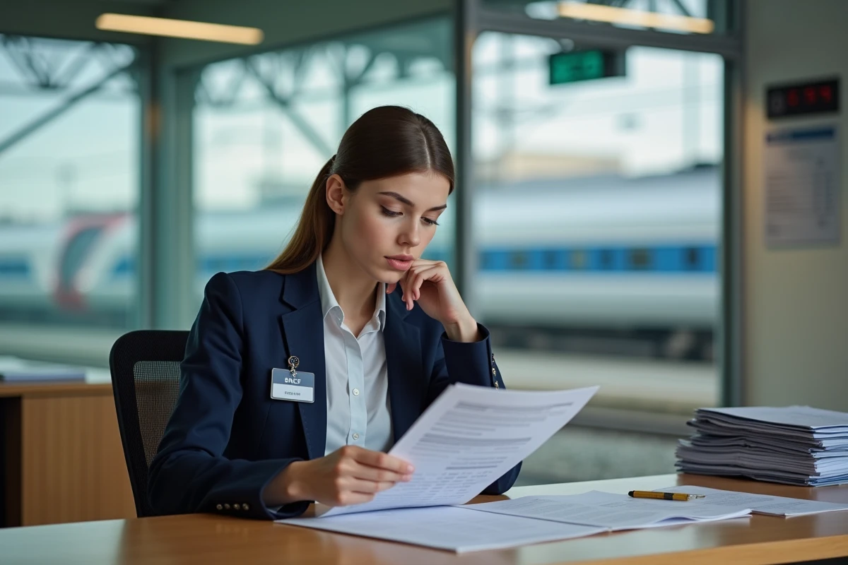 Jeune femme sncf lisant un rapport dans un bureau