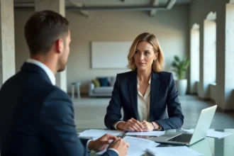 Conseillère en entreprise discutant d'une stratégie avec un client dans un cabinet de conseil moderne