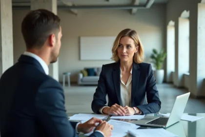 Conseillère en entreprise discutant d'une stratégie avec un client dans un cabinet de conseil moderne